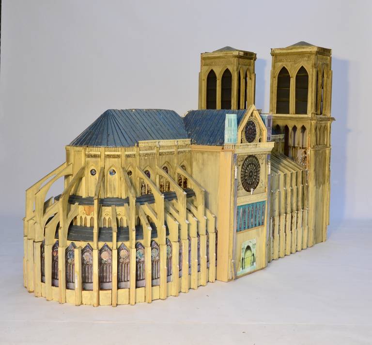 Wonderful wood scale model of the famous Notre Dame. Very nice details, this large model was built as a set piece for a French movie production in the early 1970s.

Please feel free to contact me directly for best pricing and shipping options.