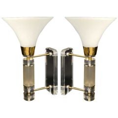 A Pair of Monumental Brass and Lucite Wall Sconces