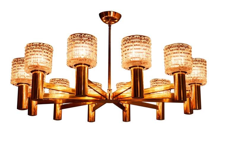 Modern Brass and Glass 12 Arm Chandelier