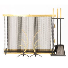 Vintage Decorative Mid Century Brass and Iron Fireplace Set