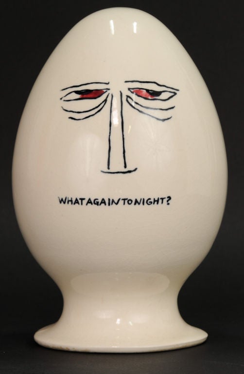 Very rare mid century modern pottery designed by a former chairman of the Design Division of Southern California ACS. Part of a series of egghead shaped condom holders featuring simplistic, sculptural design and tongue-in-cheek humor. These were