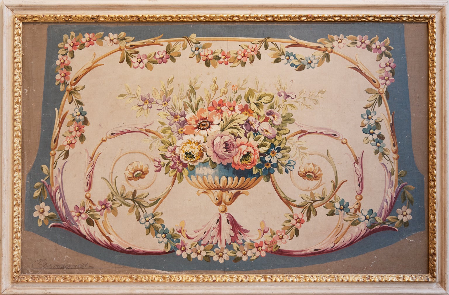 Aubusson Tapestry Cartoon For A Small Sofa Back, Oil on Canvas, C. 1880 For Sale