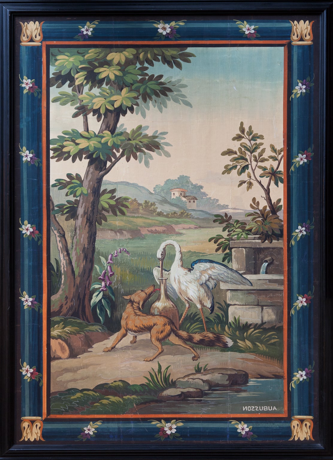 Framed Aubusson Tapestry Cartoon Of The Fable 'The Stork And The Fox' C. 1880 For Sale