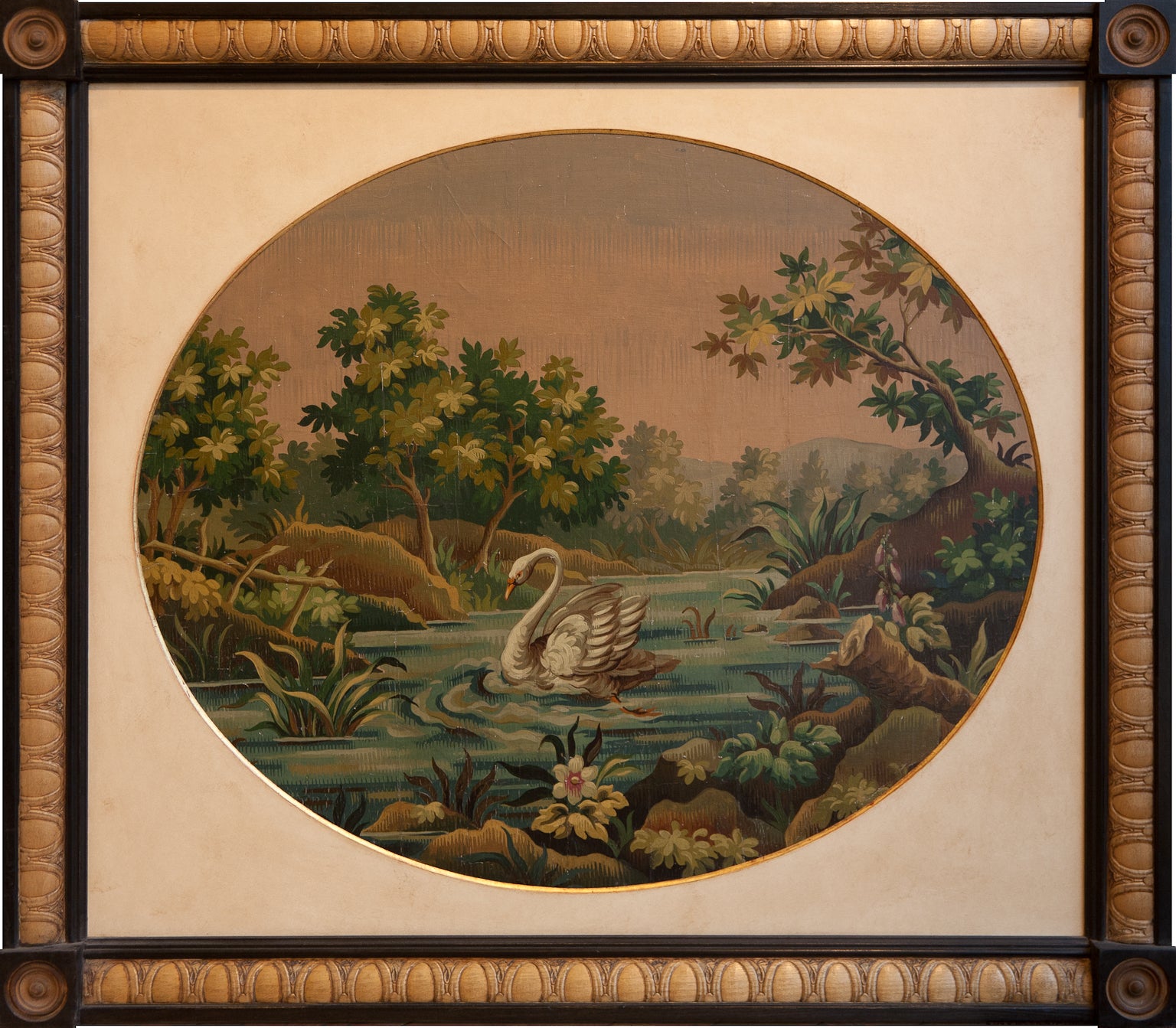 Framed Aubusson Tapestry Cartoon With A Swan For A Chair Back, Circa 1880