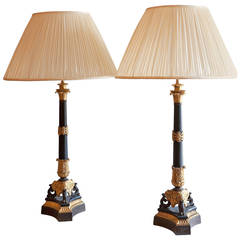 Pair of Gilt Patinated Bronze Early 19th Century Candlesticks Converted to Lamps
