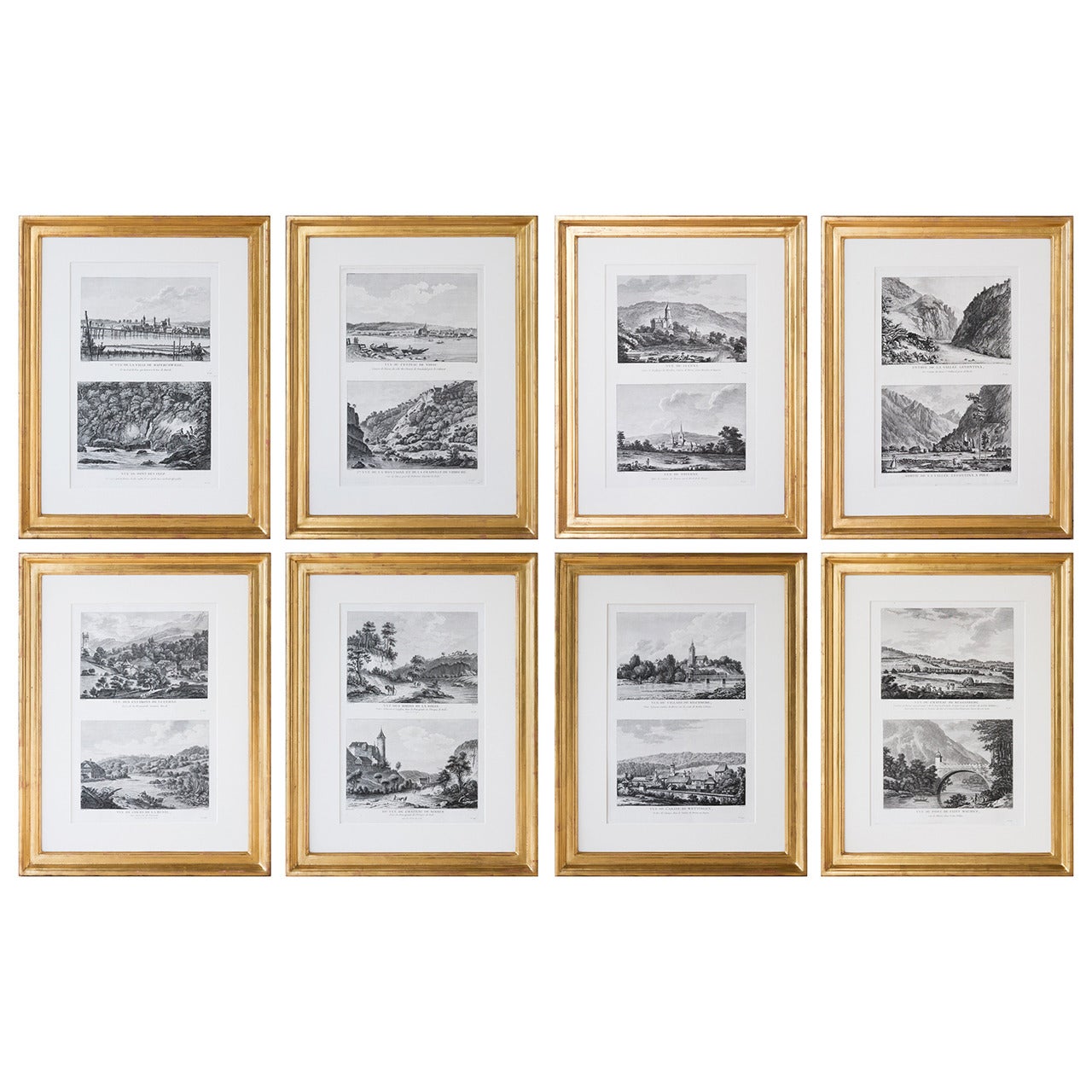 Set of Eight Copper Plate Engravings of Switzerland in Gilt Frames