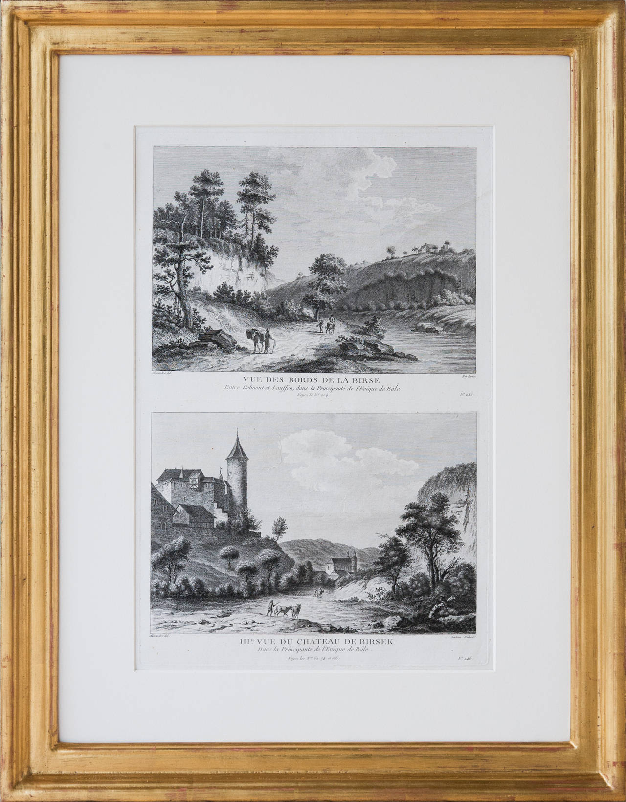 Paper Set of Eight Copper Plate Engravings of Switzerland in Gilt Frames