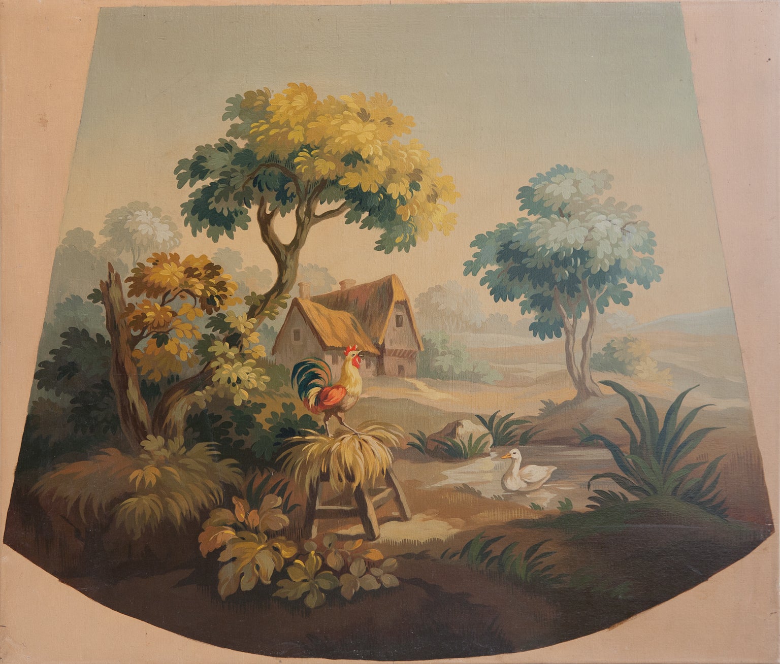 Aubusson Tapestry Cartoon For A Chair Back With A Farmyard Scene C. 1180 at 1stDibs