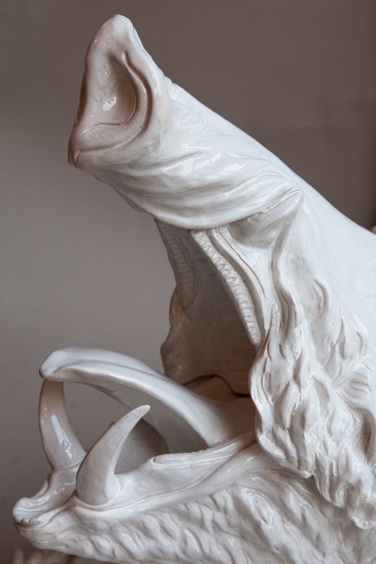French Wild Boar's Head Terrine In White Tin Glazed Pottery (Faience)