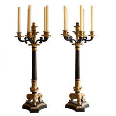 Large Pair of Restauration Six-Arm Gilt and Patinated Bronze Candelabra