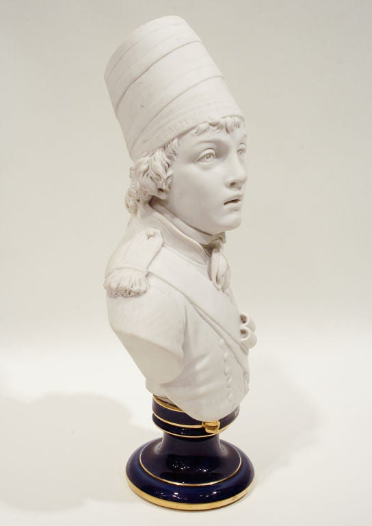Sevres biscuit bust of Joseph Barra on a blue and gold porcelain socle with the name BARRA on the front, France late 19th century. Impressed mark 