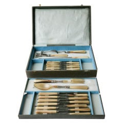 Antique Boxed Set Of Bone Handle Knives And Serving Tableware