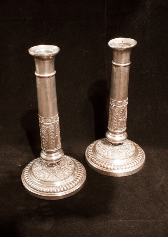 French Pair Of Empire Silver Plate Candlesticks For Sale