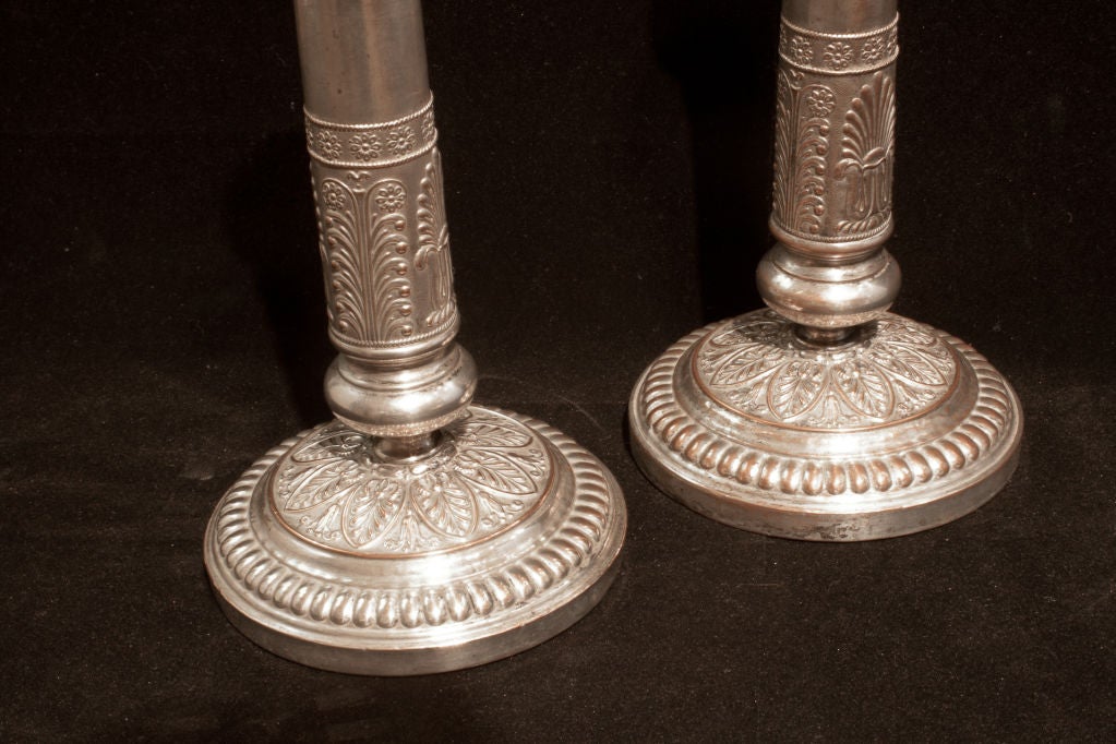 19th Century Pair Of Empire Silver Plate Candlesticks For Sale