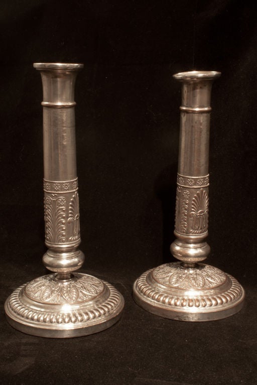 Pair Of Empire Silver Plate Candlesticks For Sale 1