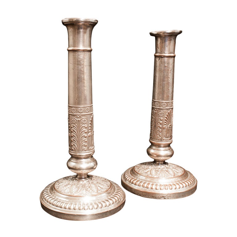 Pair Of Empire Silver Plate Candlesticks For Sale