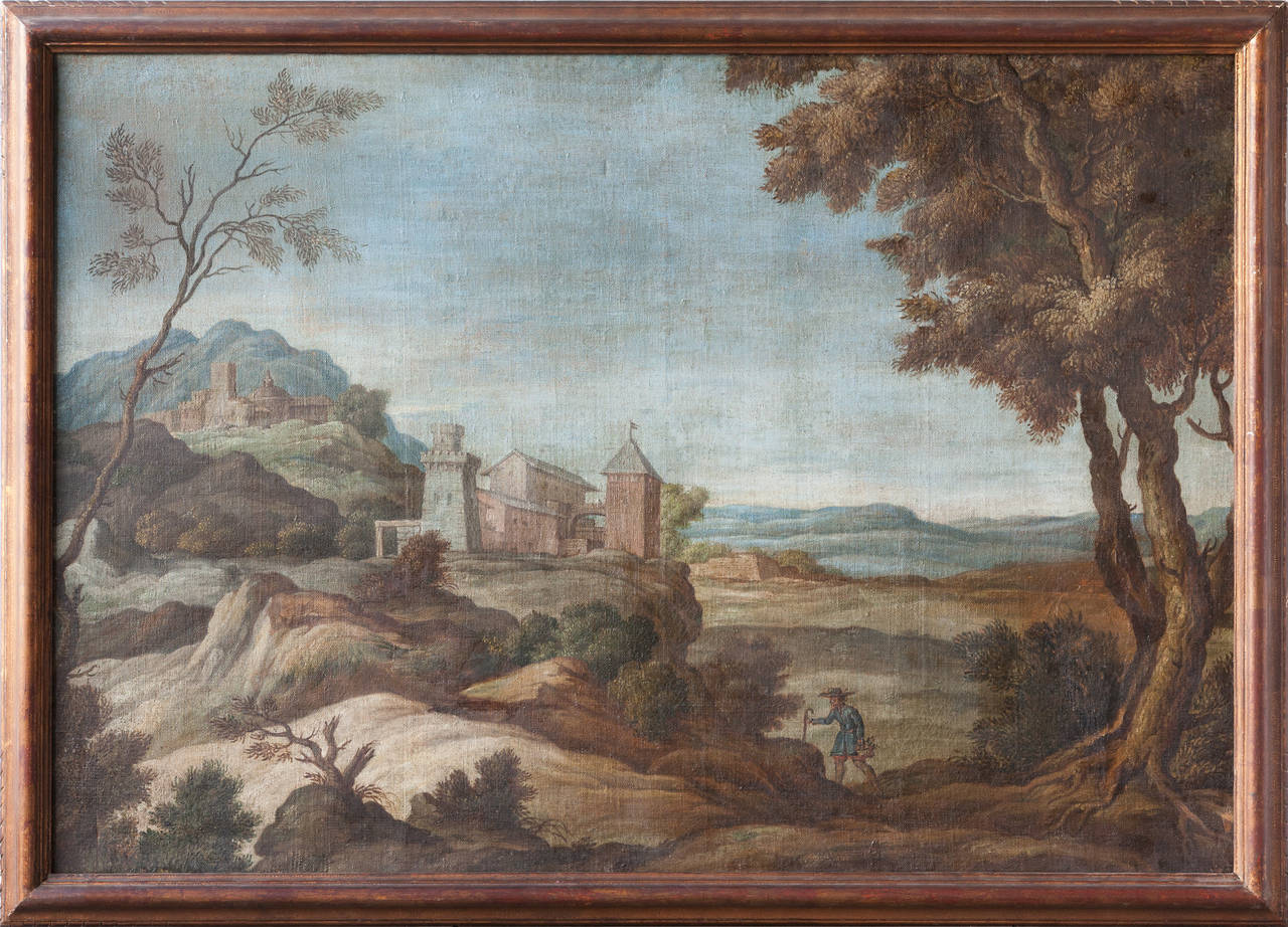 One with a castle in the background and a small figure in the foreground. The other with a mountainous landscape with two small groups of buildings on hills, a small figure dressed in red sits in the foreground. Framed.

Oil on canvas relined in