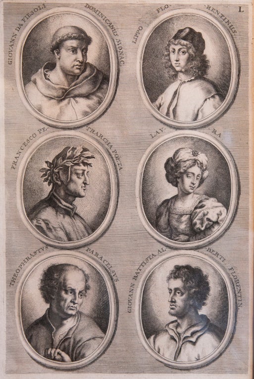 Nine copper plate engraving prints by Philipp Kilian of famous European artists of the 17th and 18th Century from Joachim Von Sandrart's Teutsch Akademie.

This set of portraits are composed of important aritistic figures of the time and in