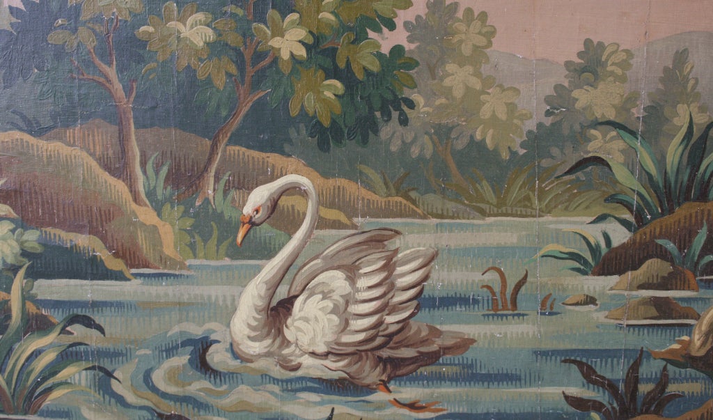 Aubusson tapestry cartoon for a chair back. Verdure with a swan. Oil on canvas laid down on a board. Mounted in an oval mount (matt)  with gilt bevel and framed in a wooden frame with ornamental corners. France circa 1880.