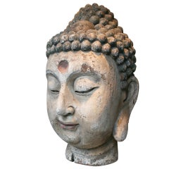 Large 19th century Chinese Polychrome head of the Lord Buddha
