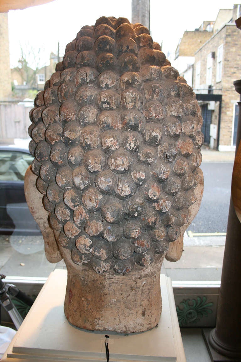 Large 19th century Chinese Polychrome head of the Lord Buddha In Good Condition For Sale In London, GB