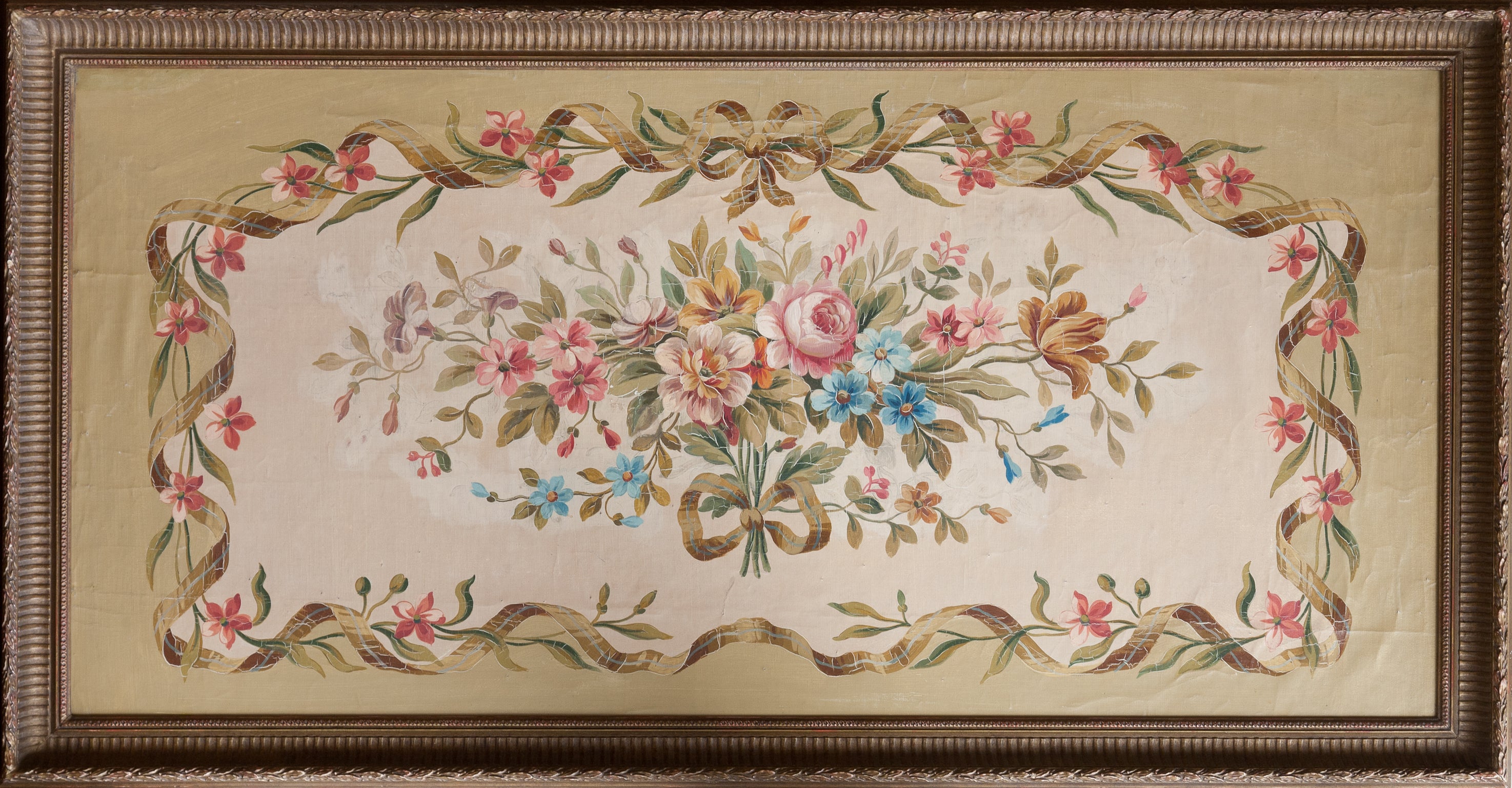 Aubusson Tapestry Cartoon With Garlands Of Flowers C. 1880 For Sale