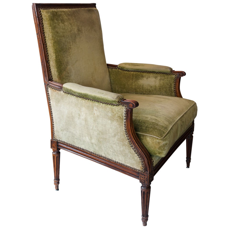 Louis XVI Beech Fauteuil or Armchair Covered in Green Velvet For Sale