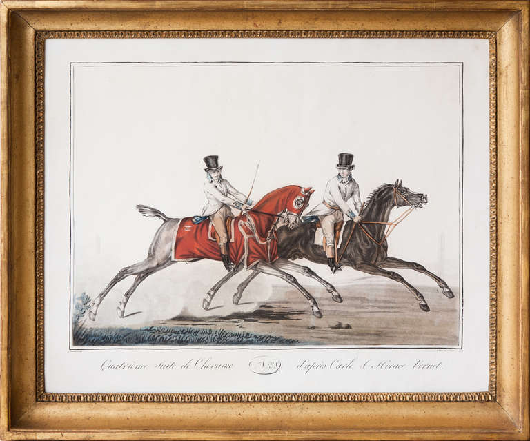 French Collection of Seven Framed Engravings of Horses and Riders