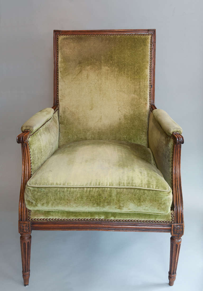 French Louis XVI Beech Fauteuil or Armchair Covered in Green Velvet For Sale