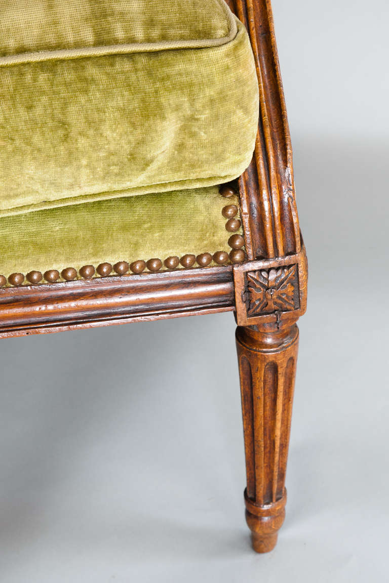18th Century Louis XVI Beech Fauteuil or Armchair Covered in Green Velvet For Sale