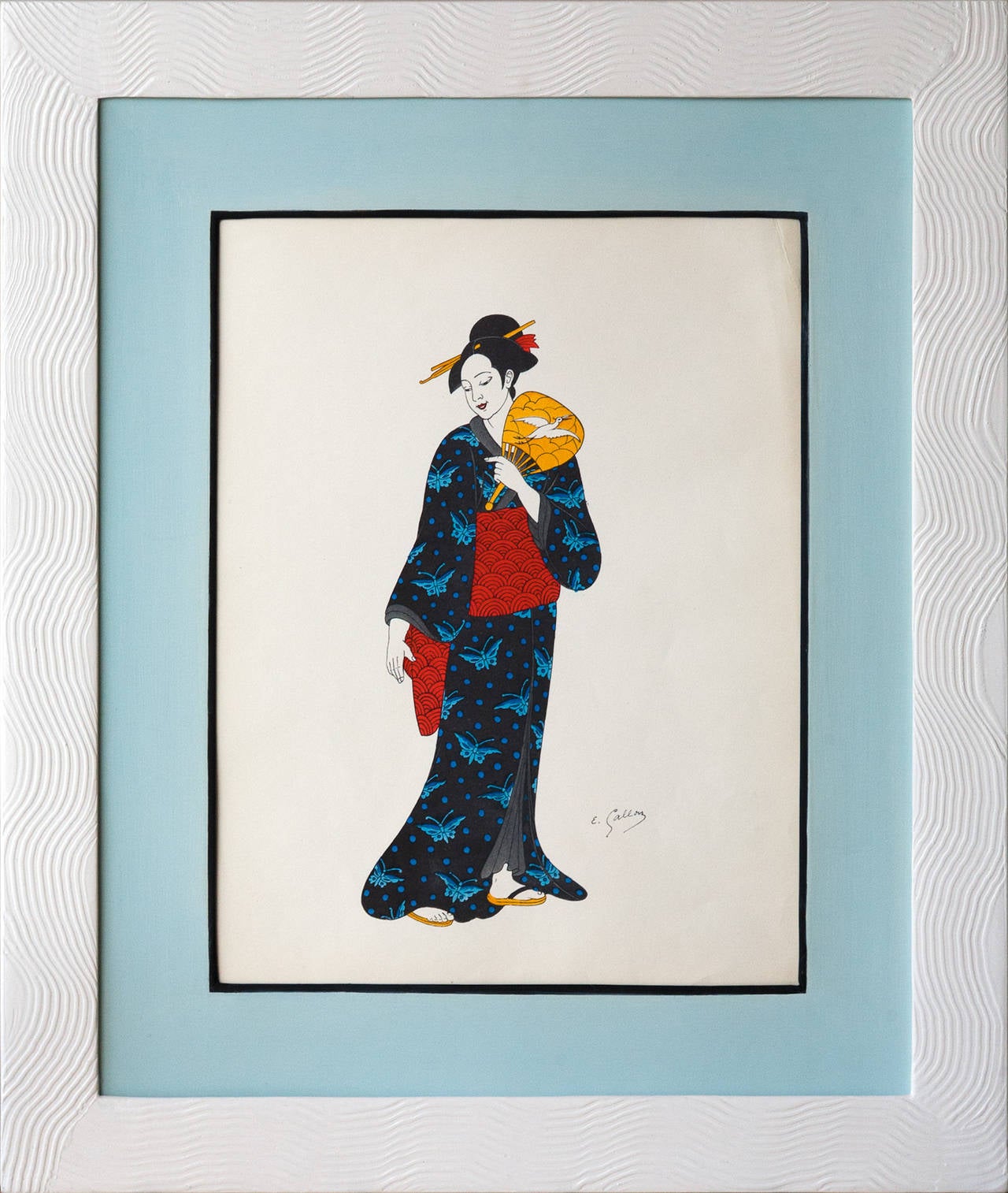 French Ten 1930s Framed Japanese Costume Prints in Art Deco Inspired, Handmade Frames