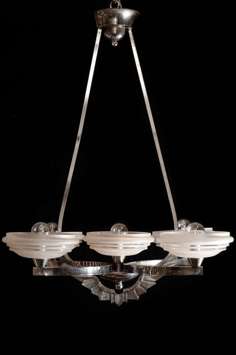 French Art Deco Chrome Chandelier With Etched Glass Bowls For Sale 5