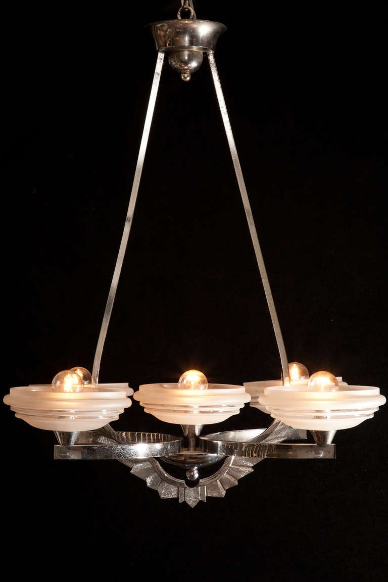 French Art Deco Chrome Chandelier With Etched Glass Bowls For Sale 6