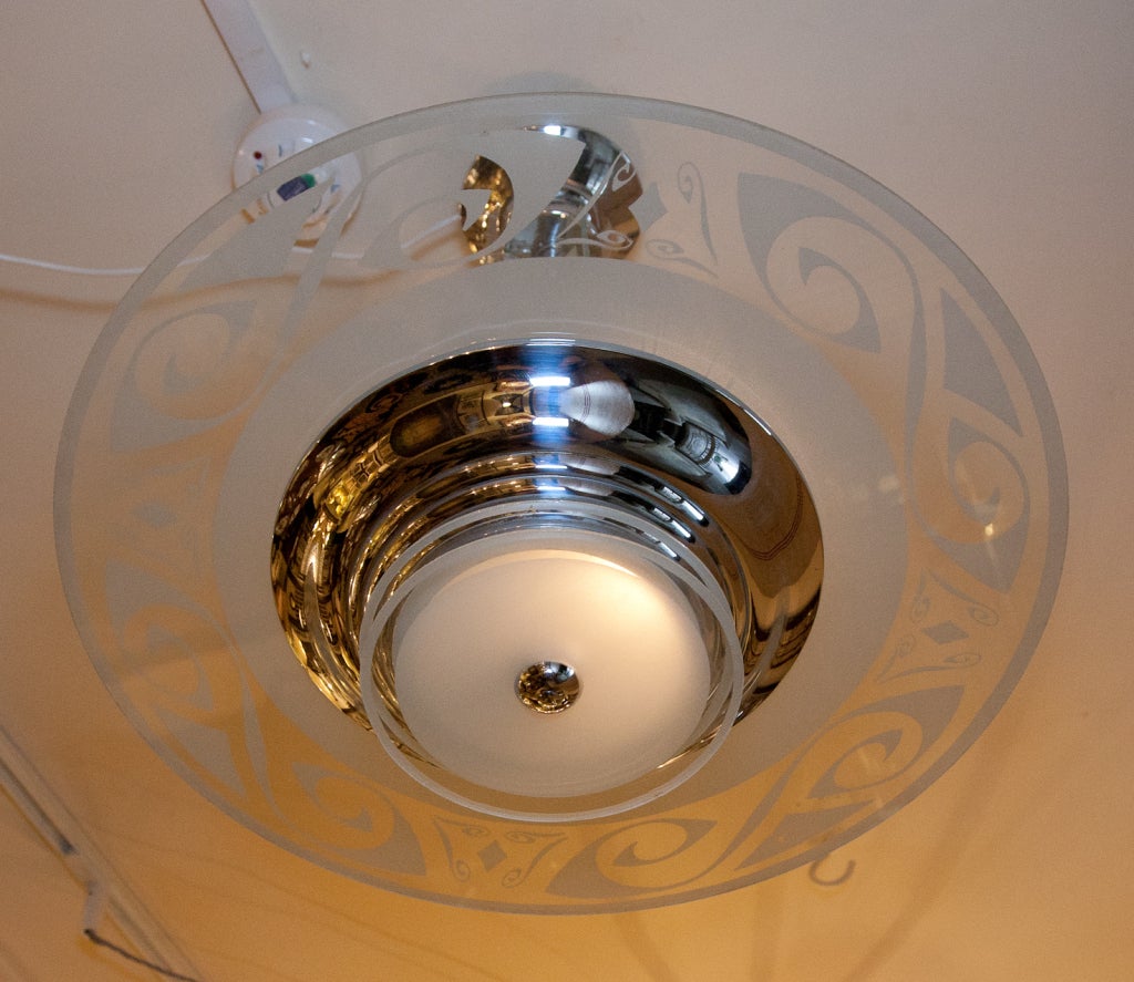 Deco Nickel and etched glass saturn hanging light. 

Currently electrified for the UK.