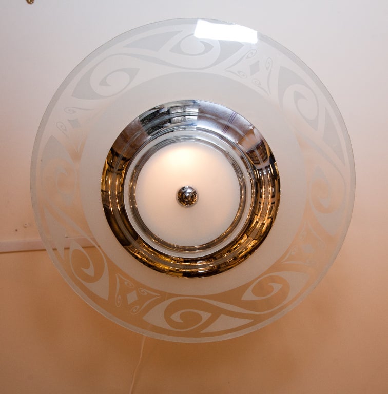 Art Deco Nickel And Etched Glass Saturn Hanging Light For Sale