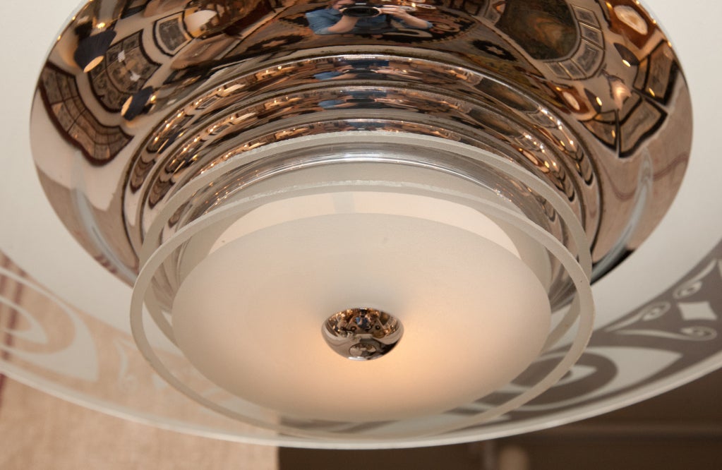 Nickel And Etched Glass Saturn Hanging Light In Good Condition For Sale In London, GB
