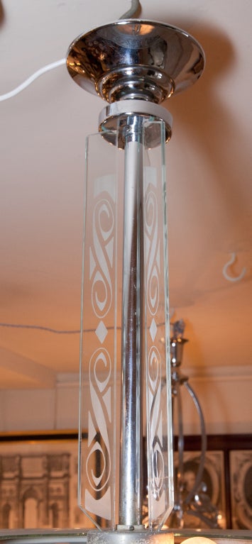Nickel And Etched Glass Saturn Hanging Light For Sale 1