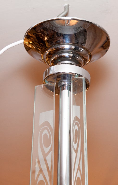 Nickel And Etched Glass Saturn Hanging Light For Sale 2