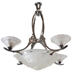Vintage Nickel Plated Deco Chandelier With Moulded Glass Bowl Decorated With Fish