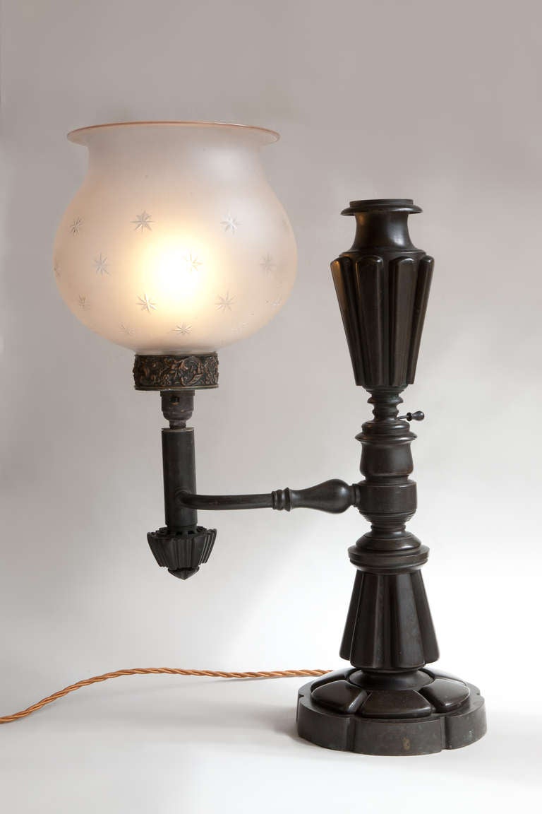 British Single Arm Bronza Colza Lamp With Original Glass Shade