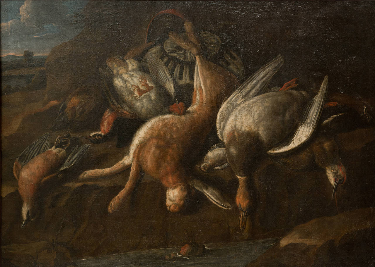 Still life oil on canvas depicting a hunting scene with a hare, duck, partridge and other game in a landscape.
Oil on Canvas in a veneered 18th century frame with later gilt beading.
Bernært de Bridt was a Dutch painter from Anvers who also worked
