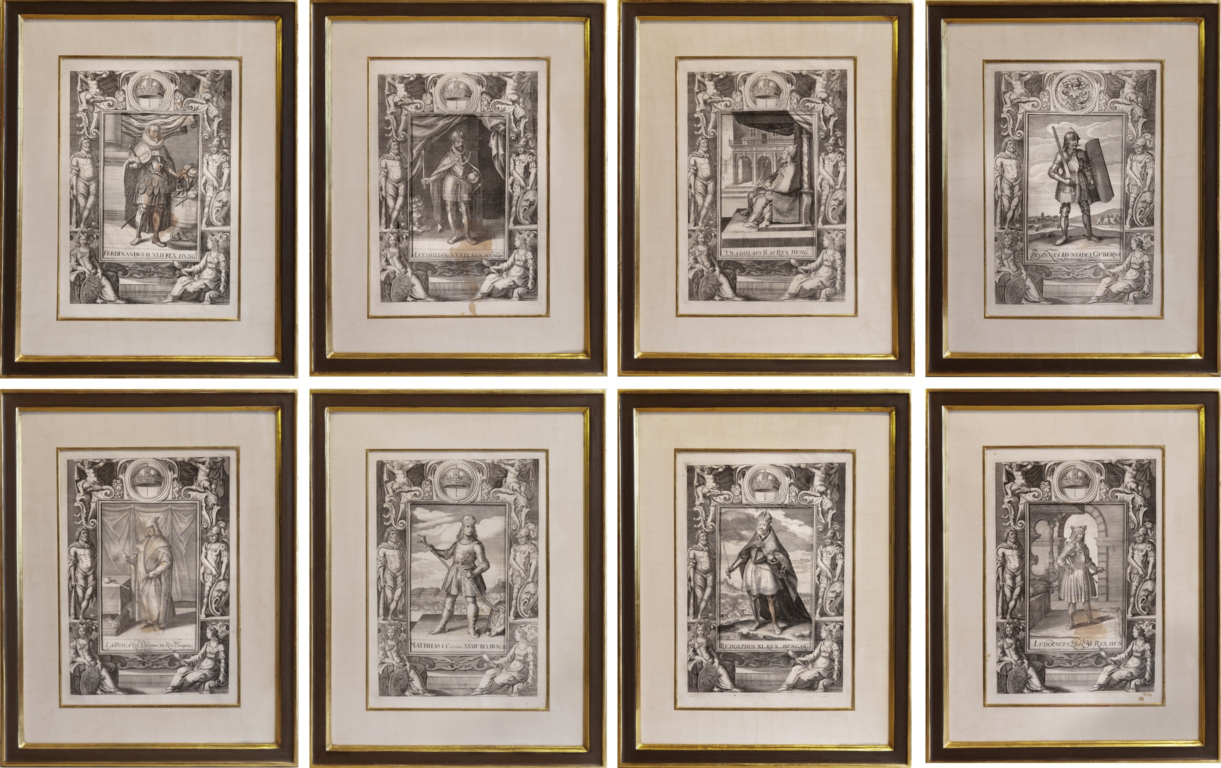 Set Of Eight Copper Plate Engravings Of Hungarian Kings In Gilt Frames pub.1687  For Sale
