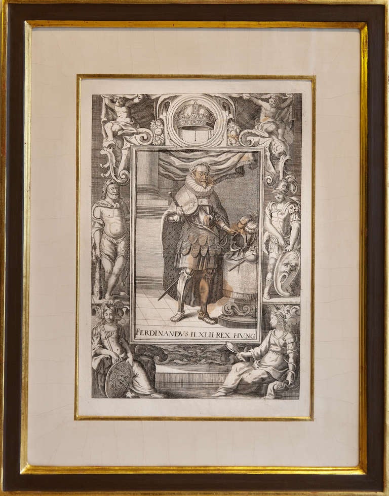 Set of eight 17th century copper plate engravings of Hungarian Kings, published 1687.

Framed in hand made frames. Framed in cracked gessoed mounts with water gilt bevels. Water gilt and painted frames.
Please note we are members of LAPADA and CINOA.