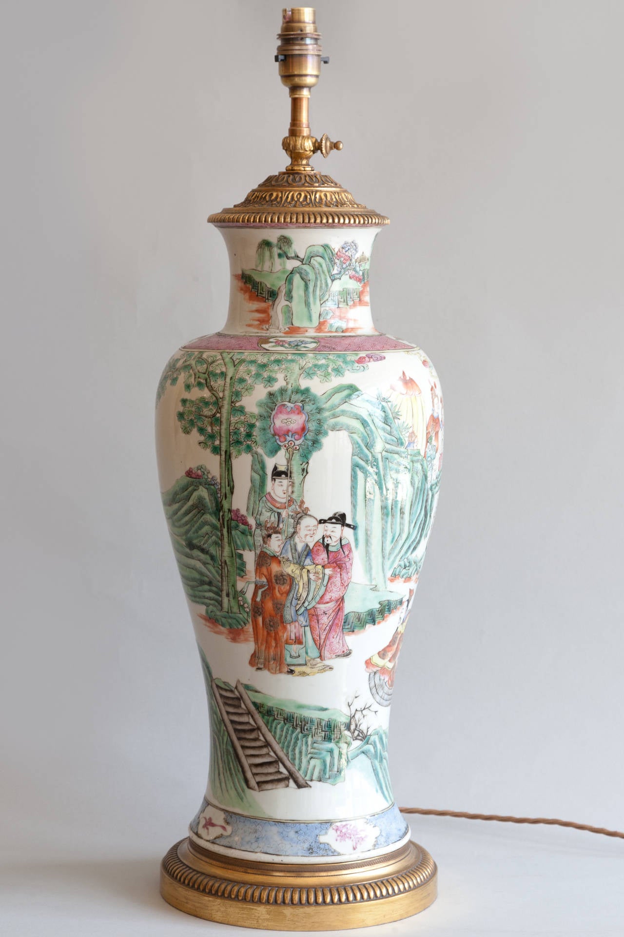 Qing Dynasty Famille Rose Porcelain Baluster Vase Converted to a Lamp