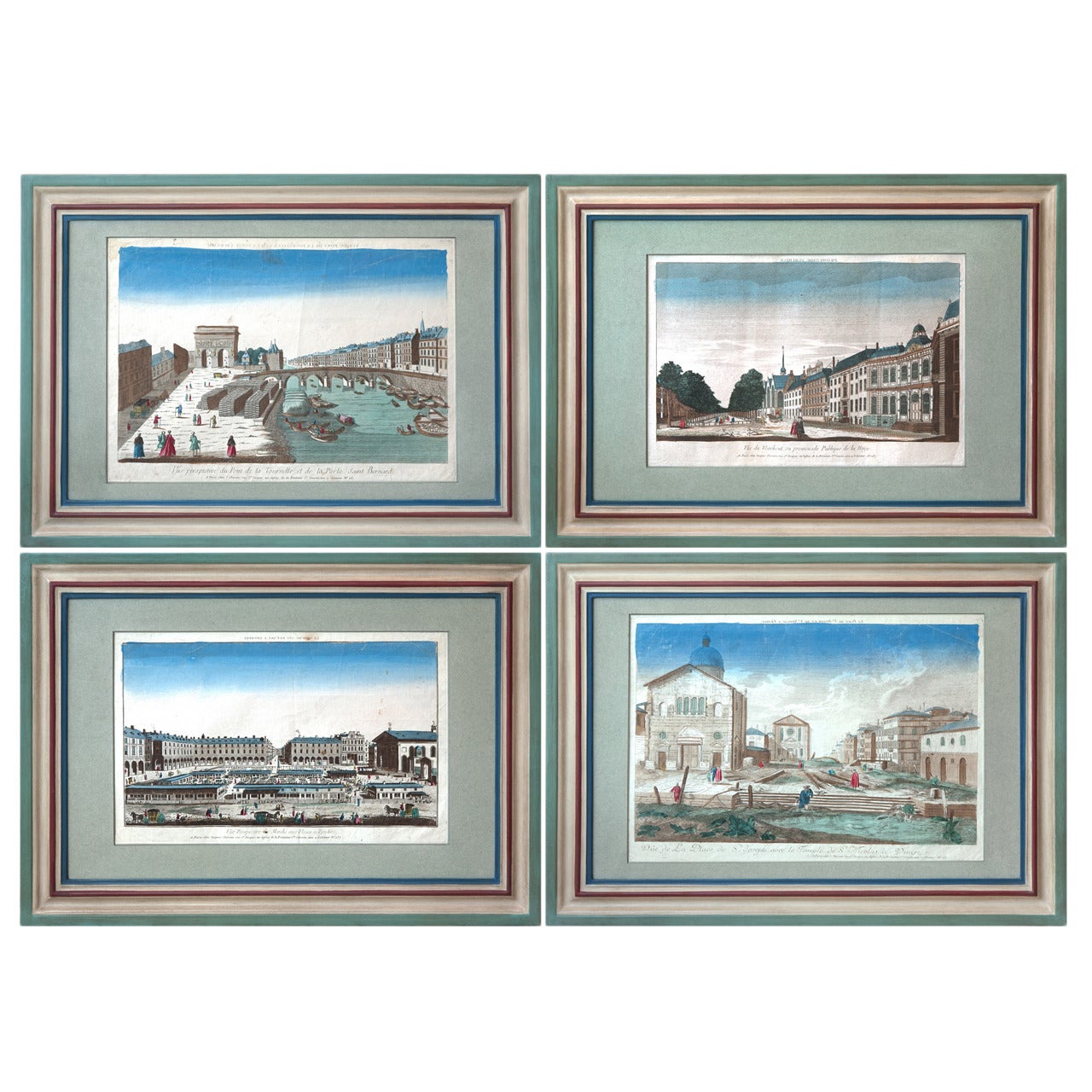 Set of Twelve Framed 18th Century Vue D'Optique Coloured Engravings