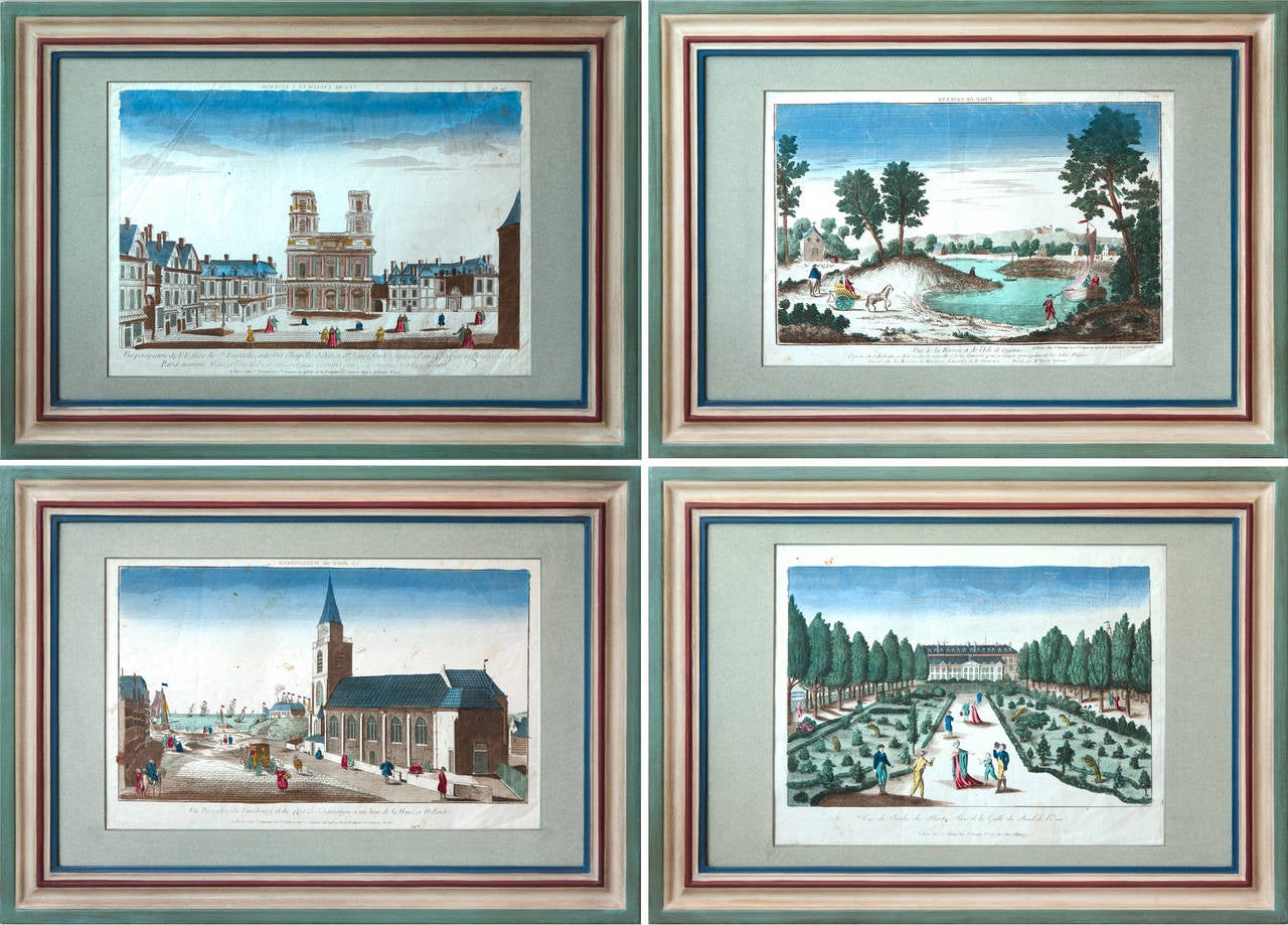 A Set of 12 framed 18th century Vue D'Optiques copper plate engravings with various views of Europe to include London, Paris and The Hague. 

With handmade mounts in '18th century'green and handmade painted frames.