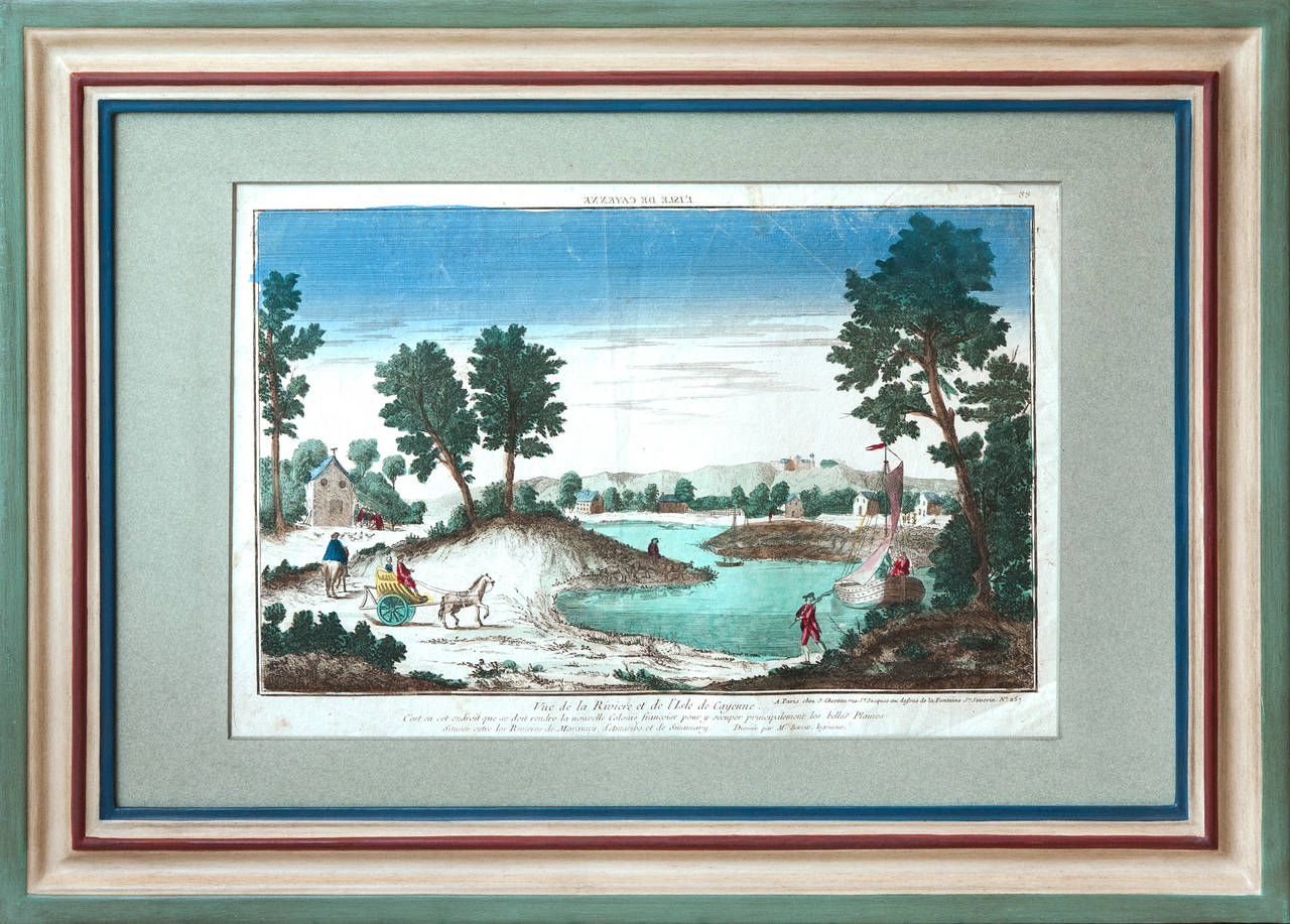 Paper Set of Twelve Framed 18th Century Vue D'Optique Coloured Engravings