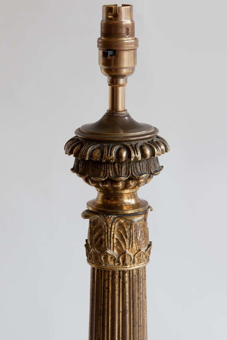 19th Century A Pair Of Gilt Bronze Empire Carcel Column Table Lamps