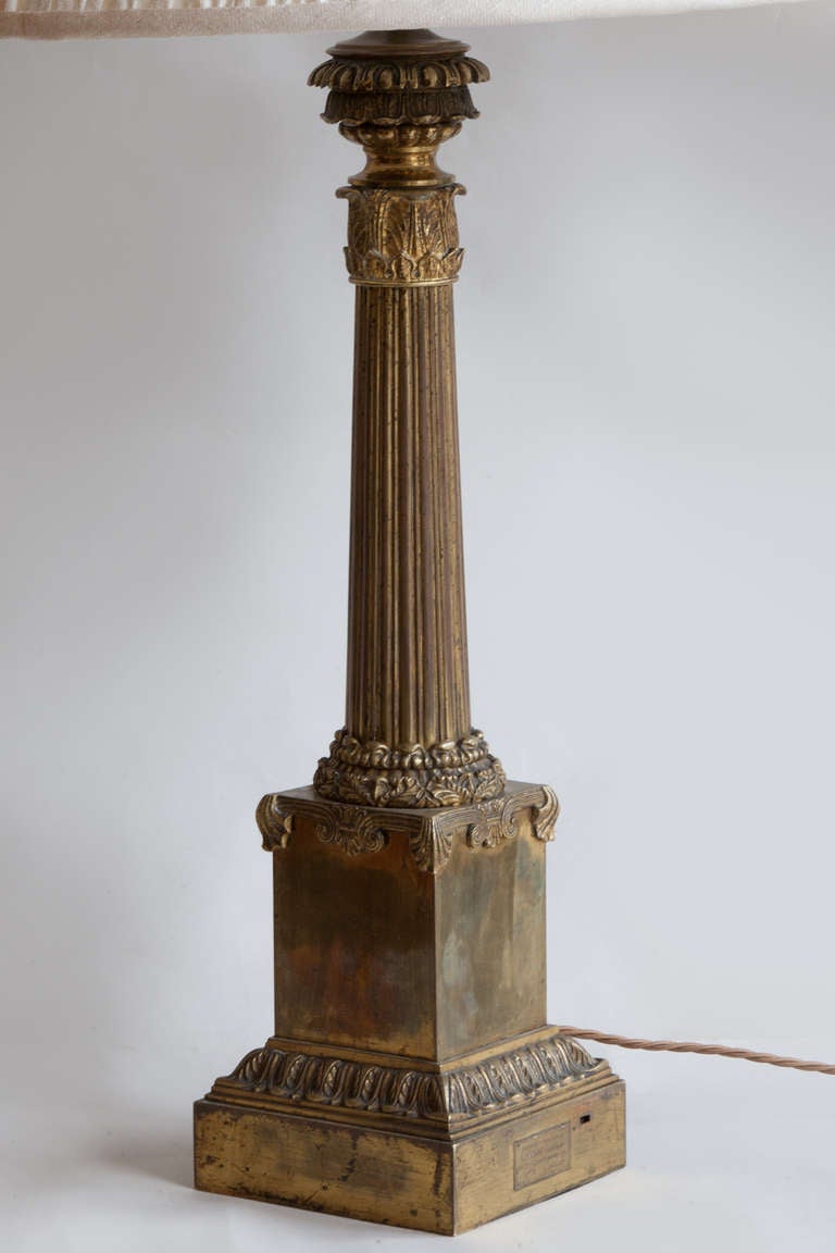 Ormolu A Pair Of Gilt Bronze Empire Carcel Column Table Lamps