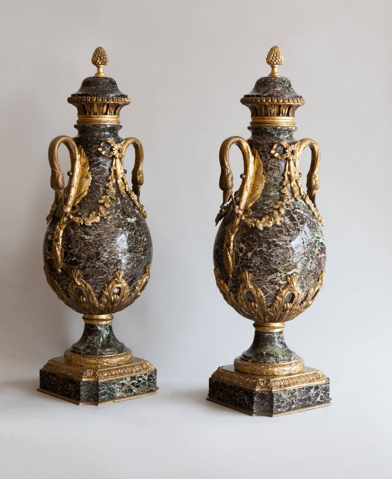 Pair of Louis XVI Style Baluster Marble Urns with Gilt Bronze Mounts